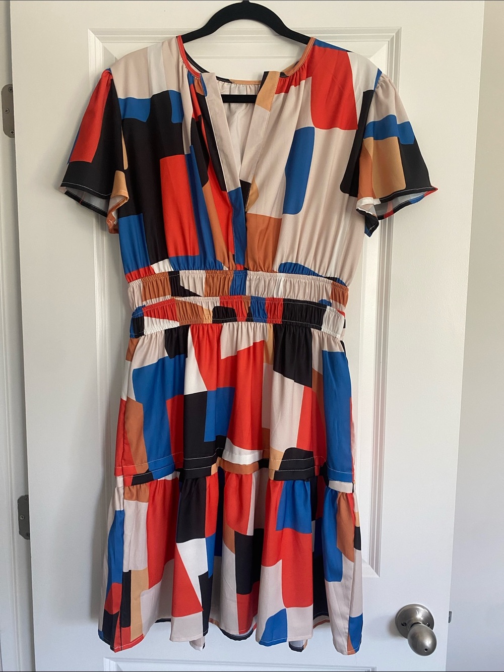 Duigluw Abstract Colorblock Short Sleeve Dress with Pockets - Orange/Blue/Multi